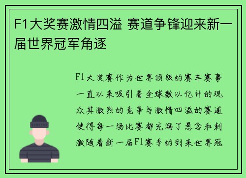 F1大奖赛激情四溢 赛道争锋迎来新一届世界冠军角逐