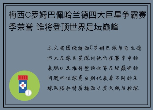 梅西C罗姆巴佩哈兰德四大巨星争霸赛季荣誉 谁将登顶世界足坛巅峰